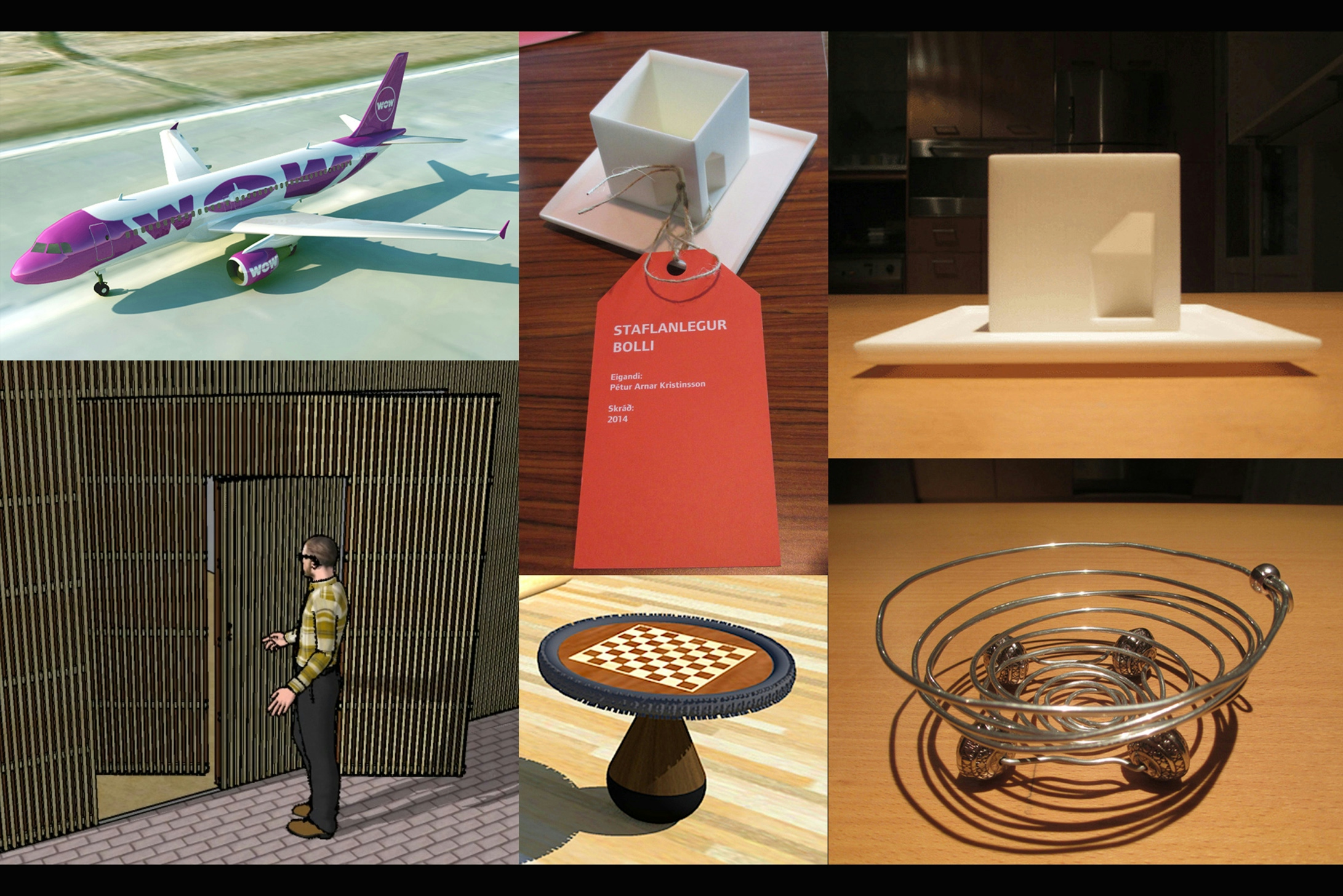 Clockwise from upper left: 1. Cometition entry for (defunkt) WOWair livery (2010), 2-3 A Stackable 3D printed square cup and plate, 4 “Variation on “a door”” , 5 “UnbeaTable” A self-redressing table