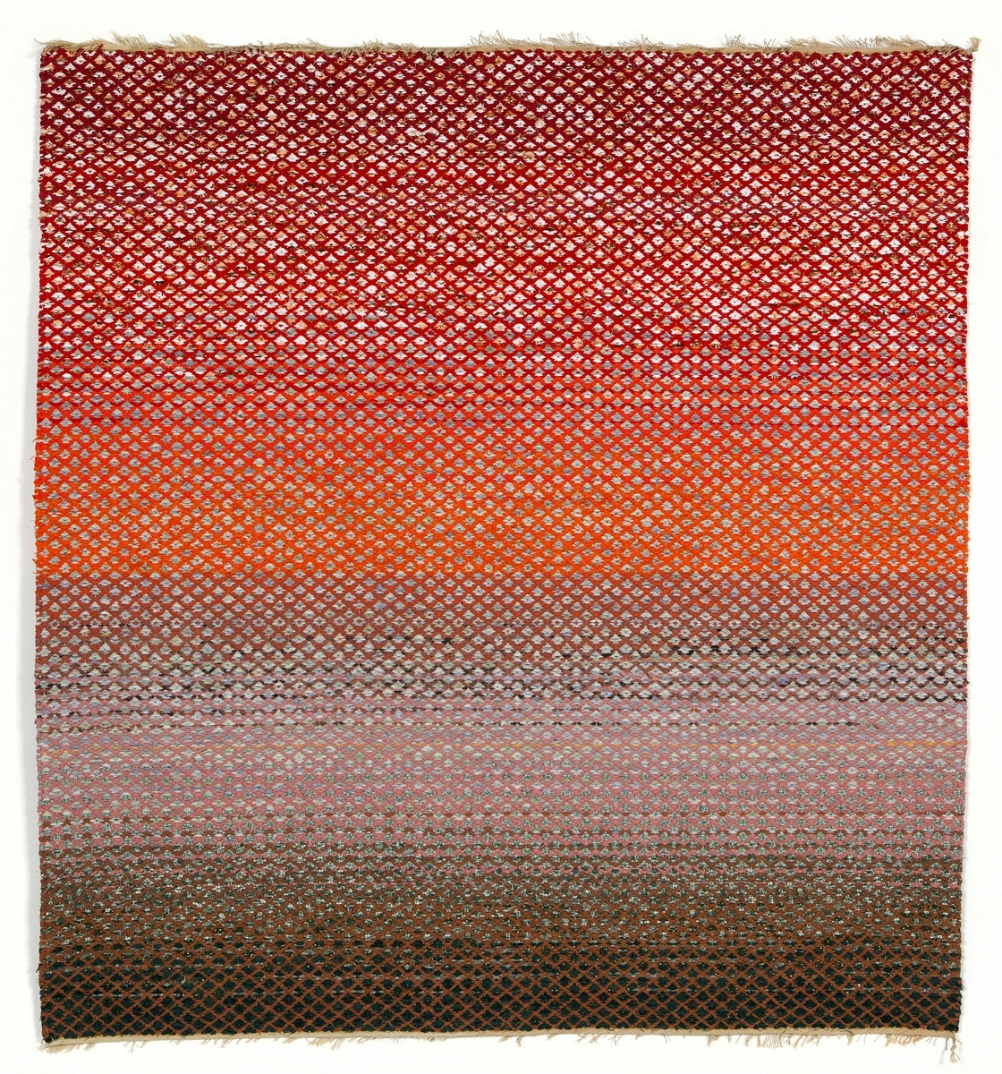 "Autumn". Floor or wall rug.  Rag-rug. Binding: Rosepath. Material: Up-cycled cloth. L 143 cm. B 140 cm.