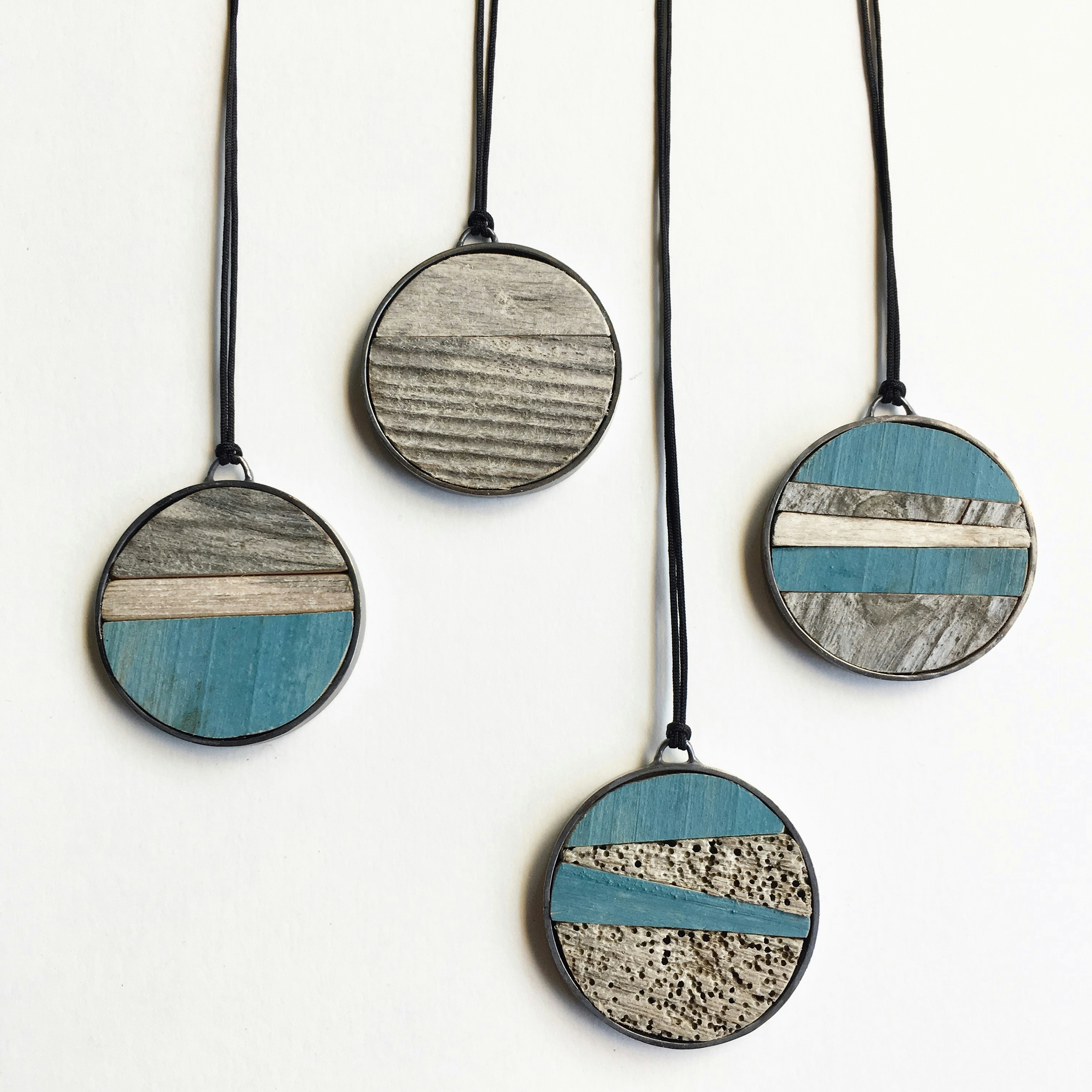 Driftwood necklaces, sterling silver. 38mm diameter. 
