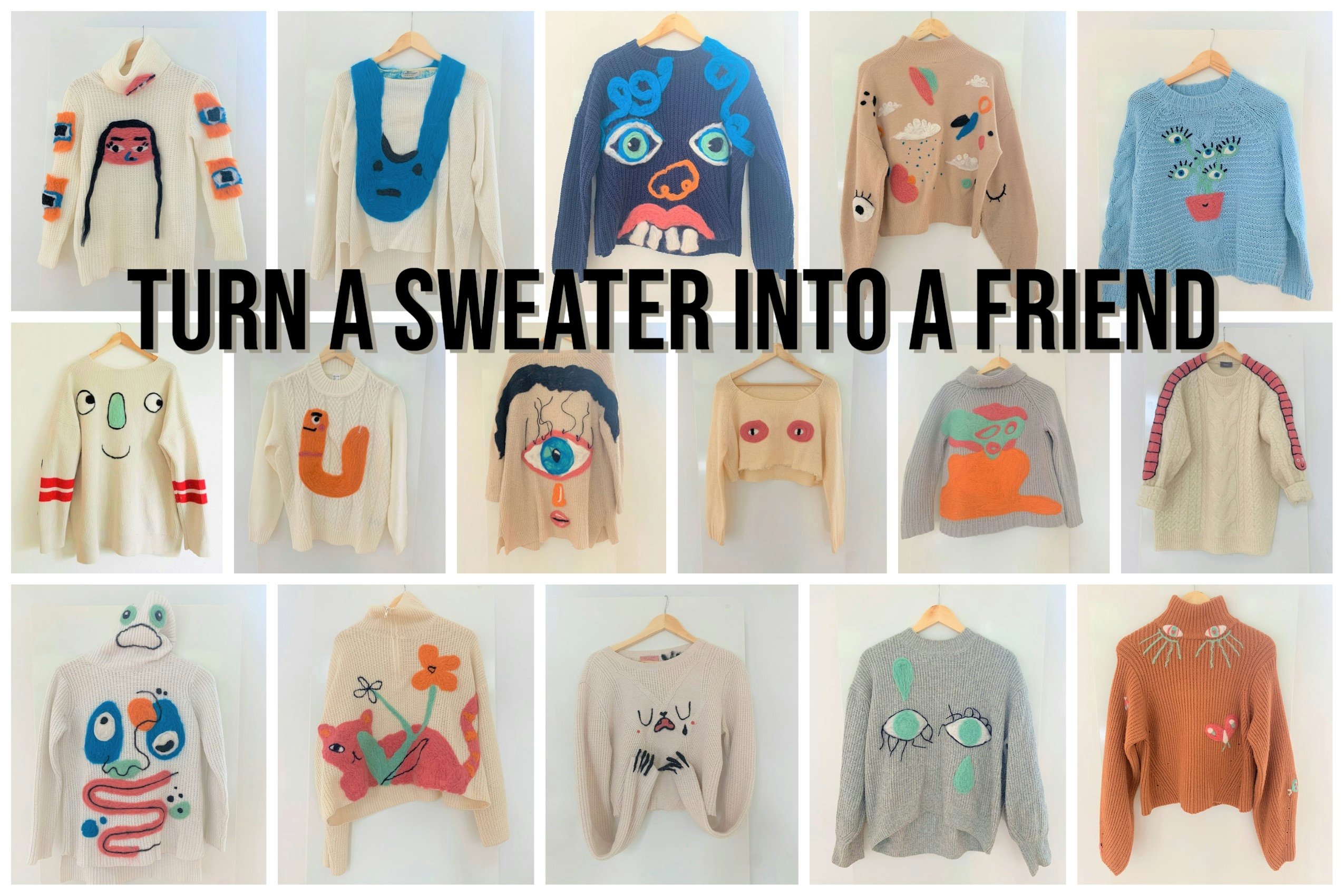 Part of an outcome of the workshop "Turn a sweater into a friend" hosted by Ýrúrarí at the Pictoplasma conference in Berlin 2021.